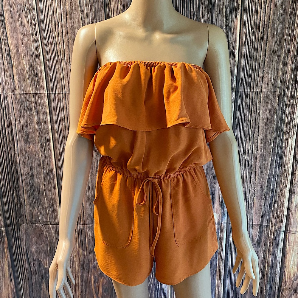 Iris size small burnt orange size small strapless ruffle boho summer romper
